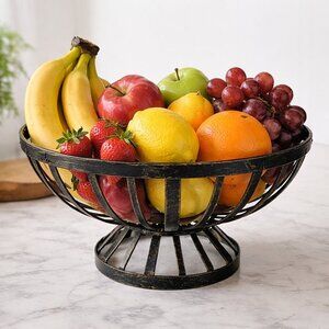 Vintage Black Metal Wire Pedestal Bowl Basket | Industrial Farmhouse Decor